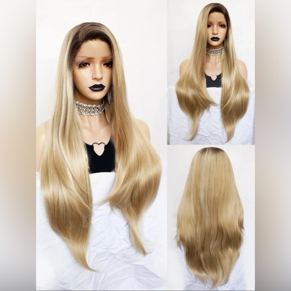 13*3*1 T-Part Loose Wave Human Hair blend Ombre Champagne Blonde with Dark Roots - Picture 3 of 8